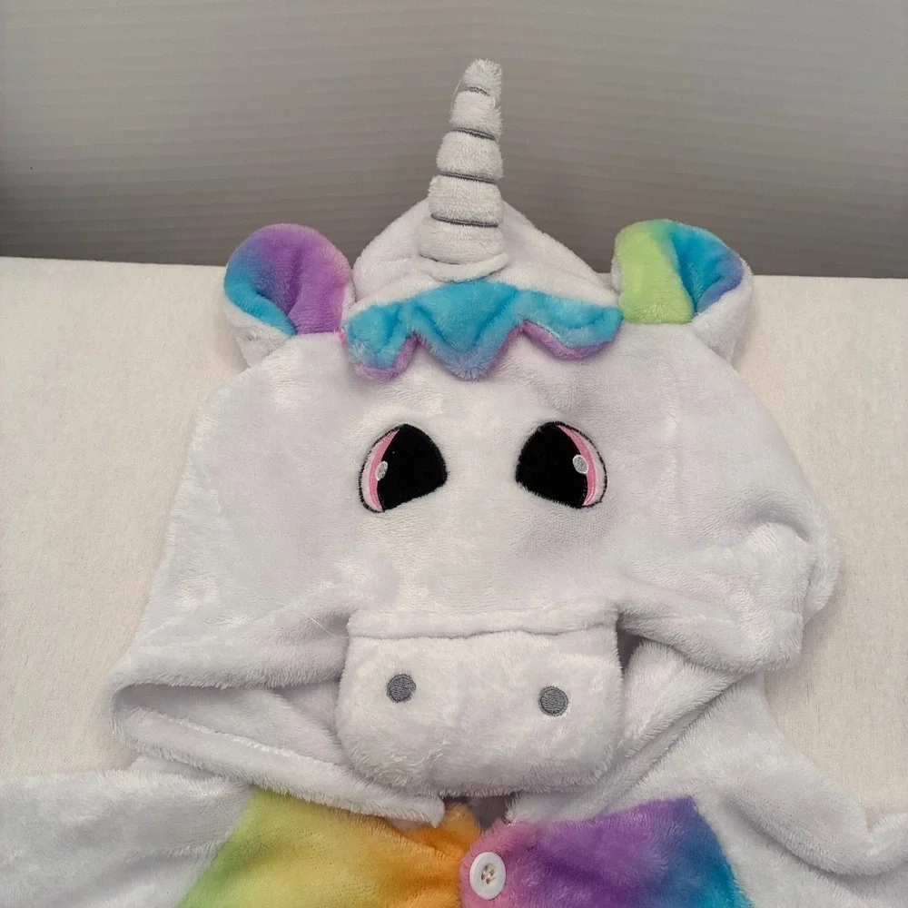 Unicorn Plush Rainbow Costume Pajamas Kids Size 4T White One Piece Wings Hooded